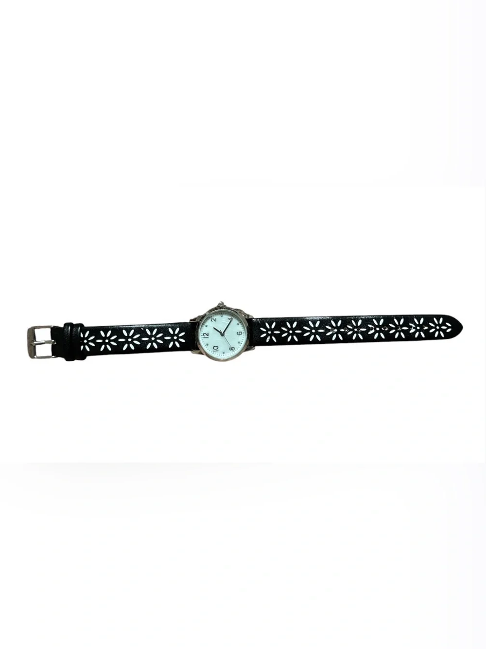 Black Floral Cutout Imitation Leather Strap Watch with Silver Dial